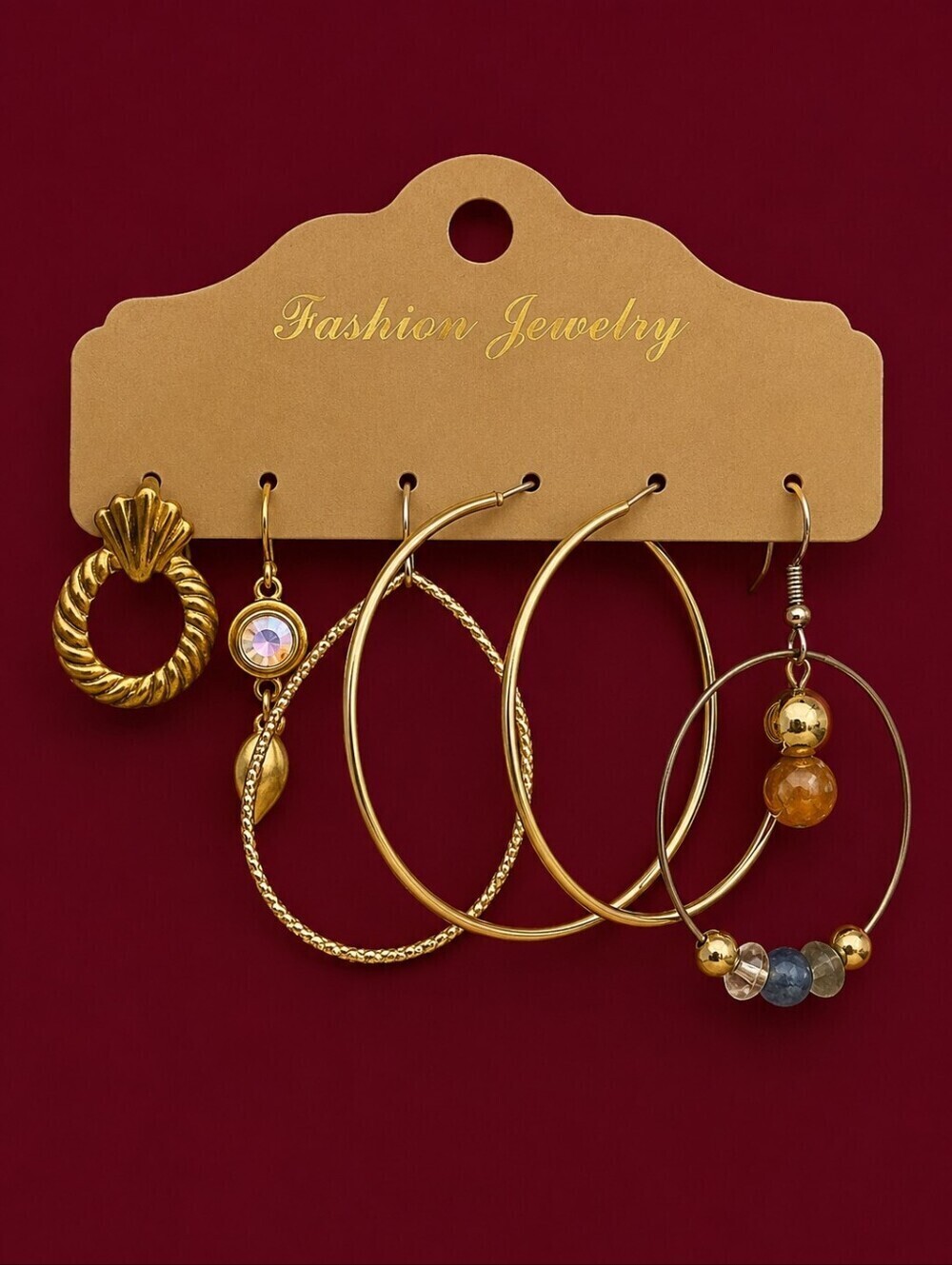 Vintage Goldtone One Pair Hoops and Four Single Dangle Hook Earrings Collection